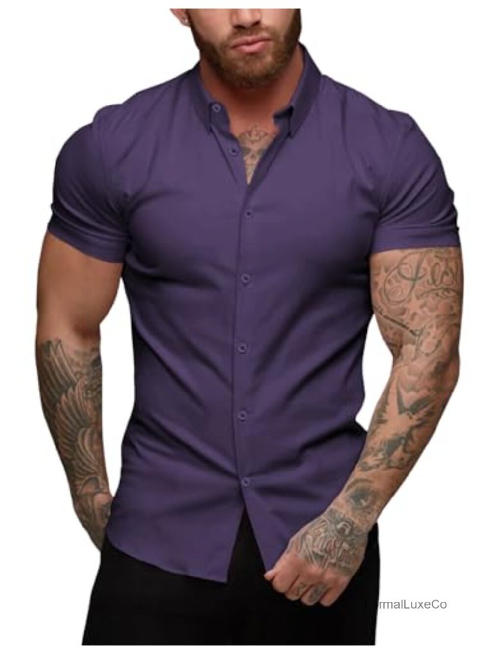 Men's Muscle Fit Dress Shirt Slim Stretch Short Sleeve Button Down Casual